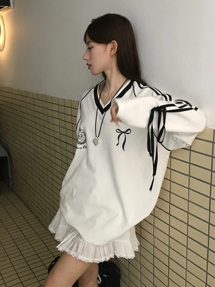 Y2k Aesthetic Oversized V-neck Black Jersey Tops Women's Lace Up Streetwear Hoody Harajuku Vintage Stripe Long Sleeve Sweatshirt