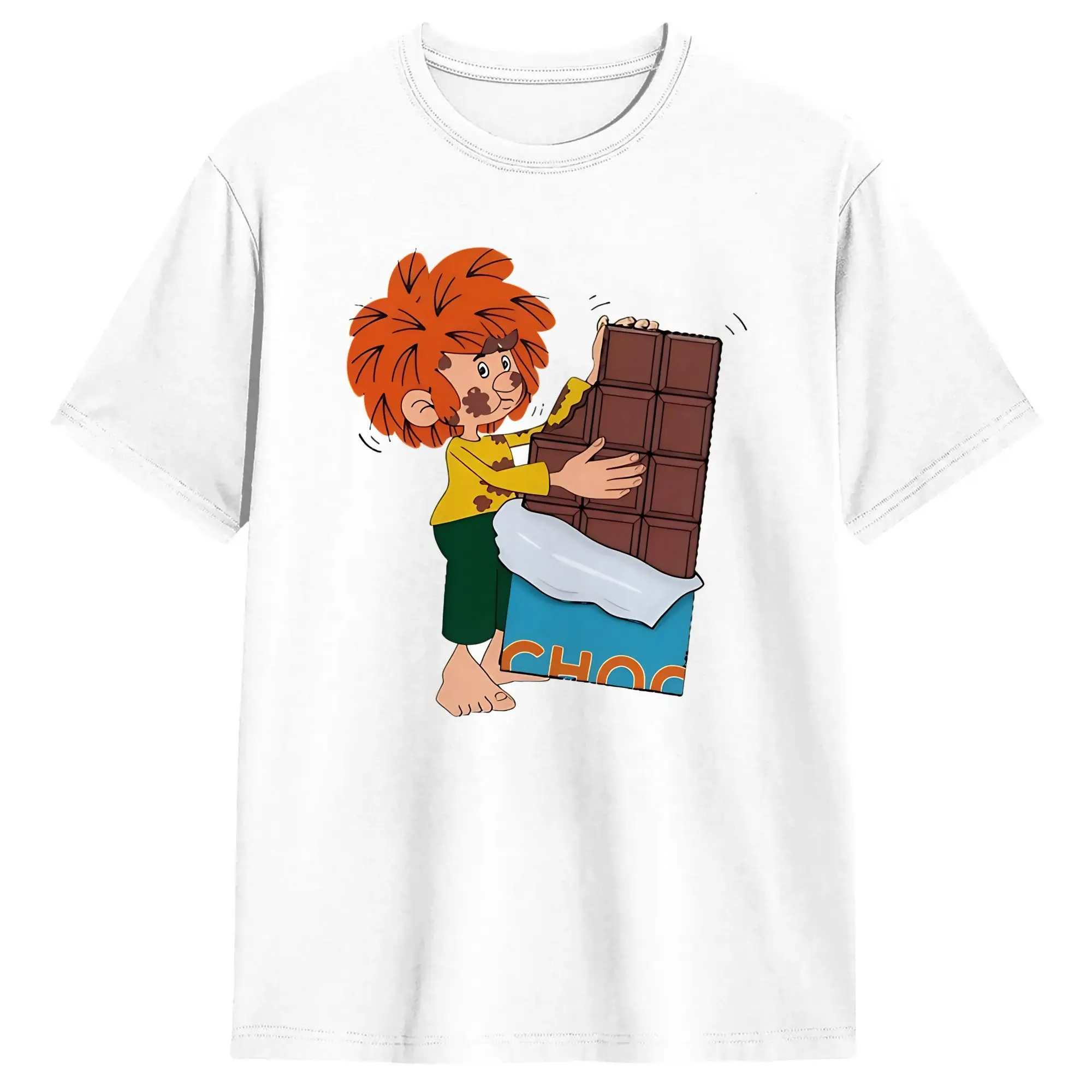 Camiseta Pumuckl eats Giant Chocolate para hombre y mujer, camiseta de algodón increíble, camiseta de manga corta con cuello redondo, ropa de talla grande
