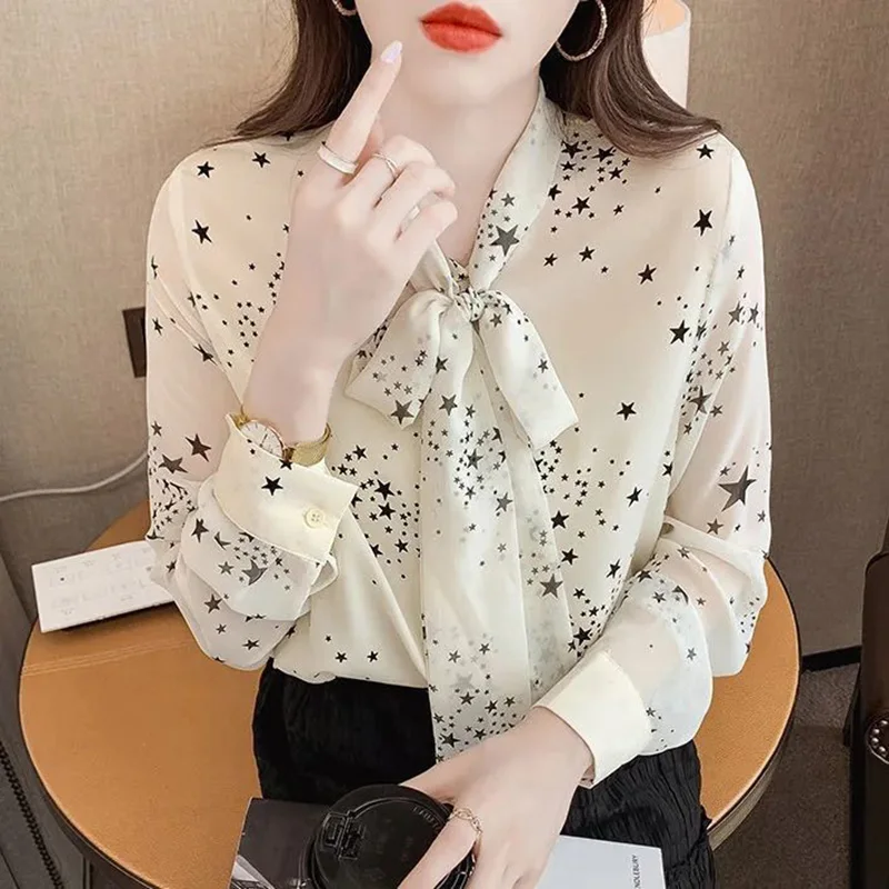 Elegant V-Neck Printed Drawstring Oversized Bow Chiffon Blouse 2022 New Loose Chic Tops Casual Women's Clothing Commute Shirt
