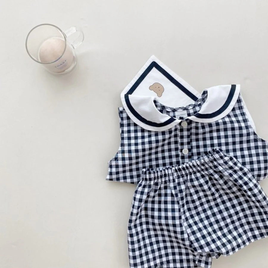 Summer Newborn  Baby Boy Girls Cell Sleeveless Cartoon Bear Navy Collar Waistcoat + Shorts Fallow Set Kids Fashion Baby Clothing