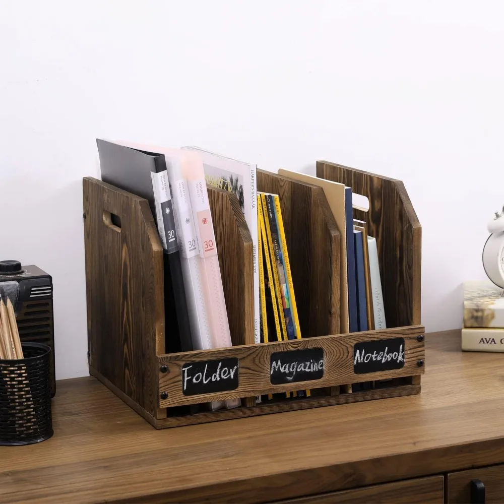 Rustic Wood Document Organizer with 3 Compartments, Chalkboard Labels, and Carry Handles for Office Desk Storage