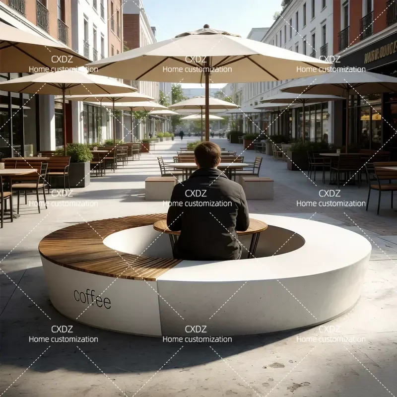 Outdoor Round Leisure Chair and Table Set Plastic Wood Sunscreen Seat Stool with Coffee Table for Park Square Commercial