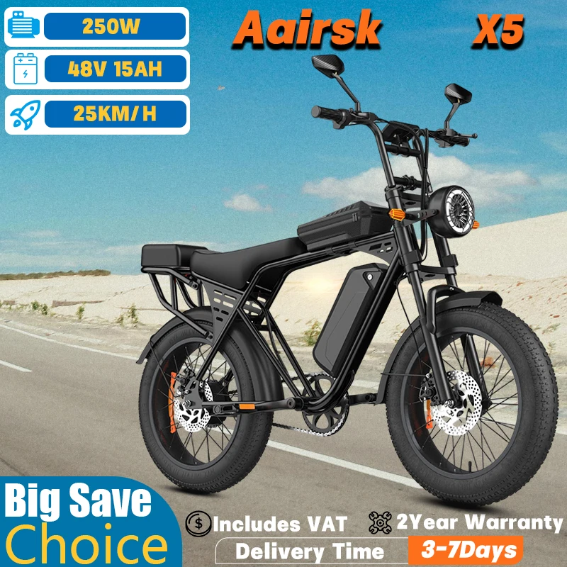 Bicicletta elettrica da fuoristrada Aairsk X5 con indicatori di direzione, motore ad alta coppia da 75 N·m, batteria da 48 V e 15 Ah, autonomia di 50 km, 7 velocità, motocicletta elettrica ad alta