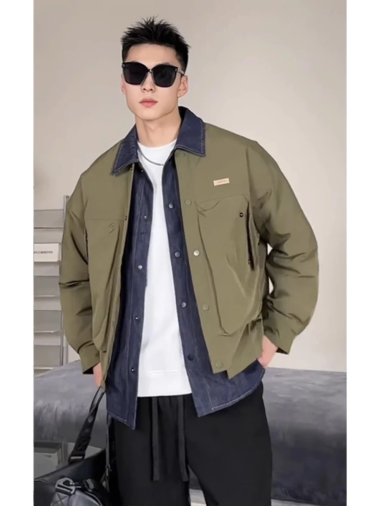 

American Style Short Workwear Jacket for Men Autumn Camouflage Splicing Design Fake Two-Piece Early Autumn Clothing