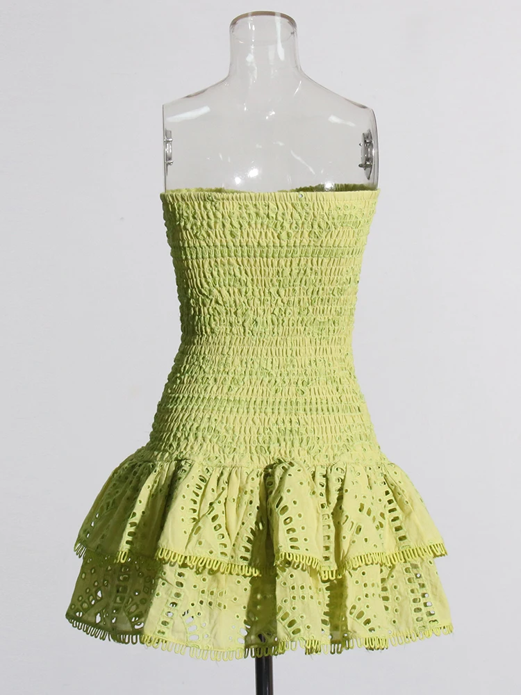 Sexy Patchwork Rüschen Stickerei Mini kleider für Frauen träger los ärmellose rücken freie hohe Taille abnehmen Kleid weiblichen Sommer