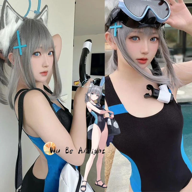 Arquivo Azul Sunami Shiroko Cosplay Traje, Jogo Swimsuit, Swimwear, Uniformes Suit, Peruca Headwear, Sapatos Halo, Carnaval de Halloween