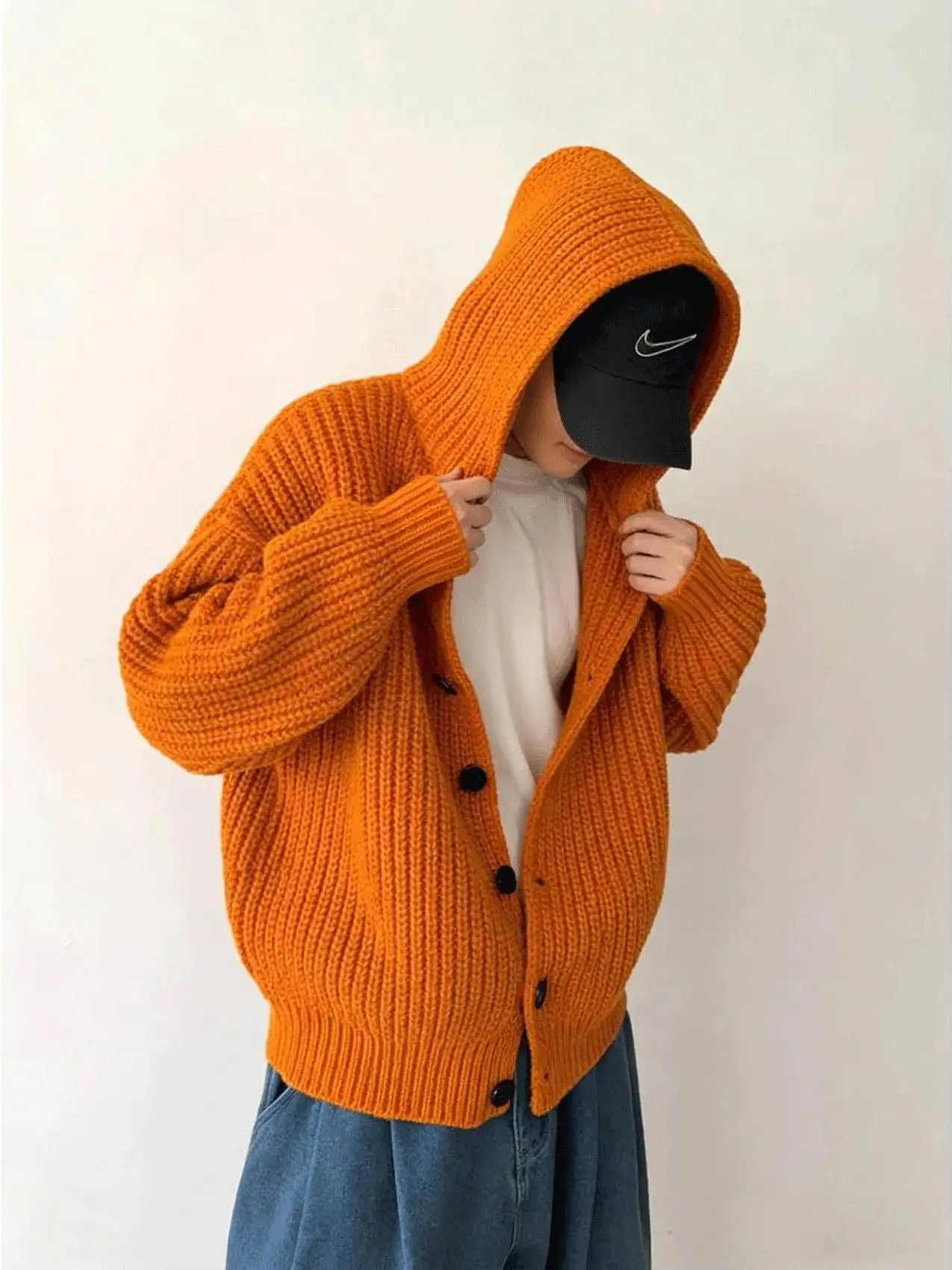 

Мужской вязаный кардиган свободного кроя в корейском стиле, оранжево-желтый, с капюшоном, осенне-зимняя верхняя одежда