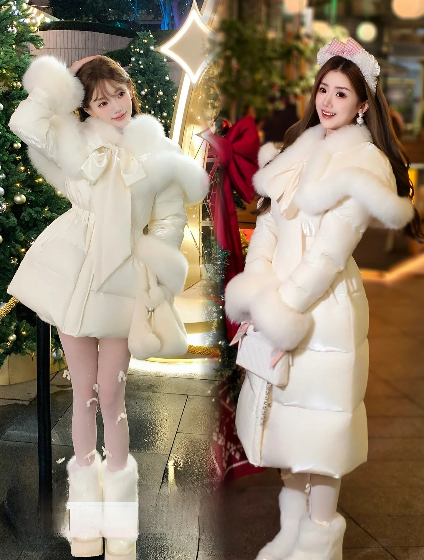 

Princ Sle A-Line down Jaet Fur Trimmed Belted Set Cute Girl Long Sve High Waist Warmth White Du Feather Coat