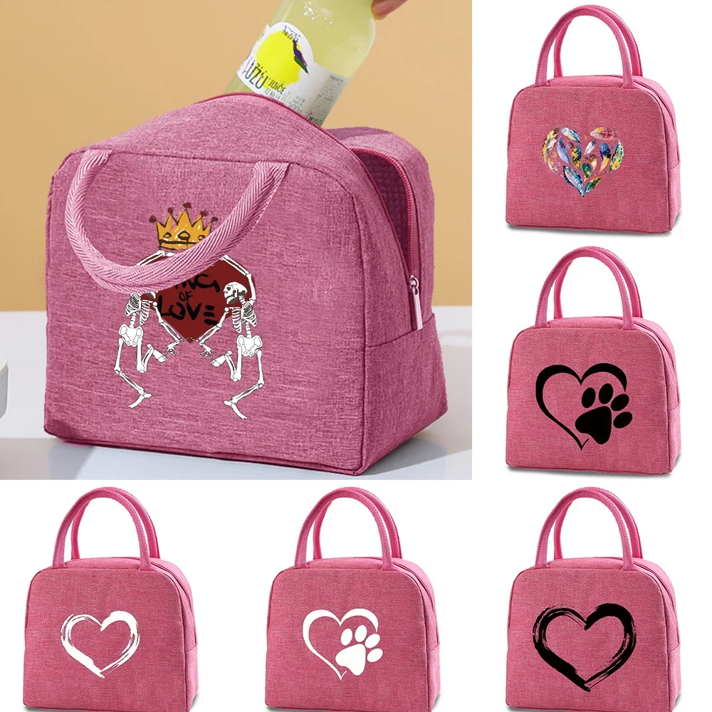 Love Pattern Lunch Bags Cooler Picnic Bag Fashion Canvas Lunch Box Bag School Food Insulated Dinner Bag Camping Travel Handbags