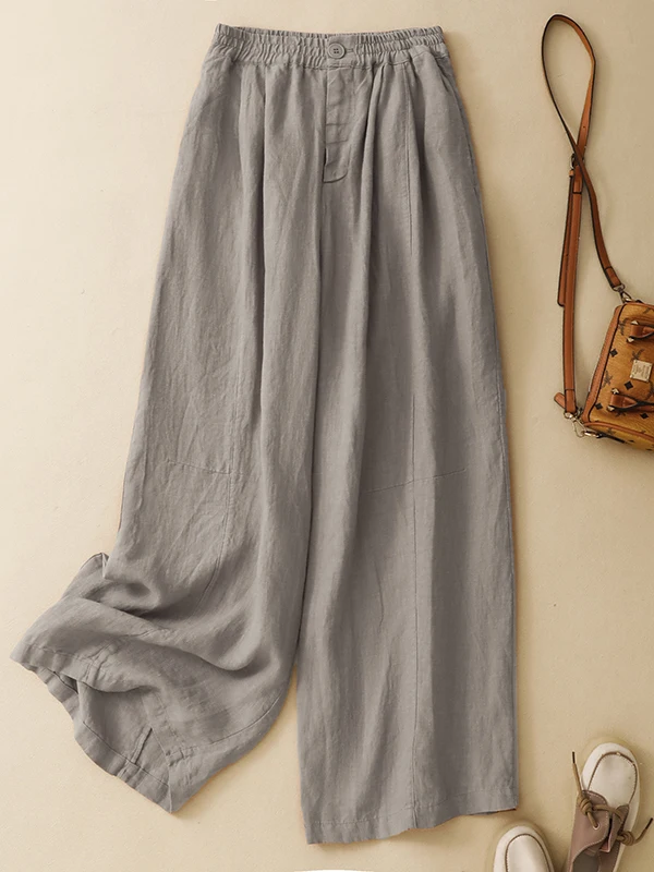 

Summer Cotton Linen Wide Leg Pants Casual Elastic Waist Big Size Women's Pure Color Retro Art Slimming Versatile Long Trousers