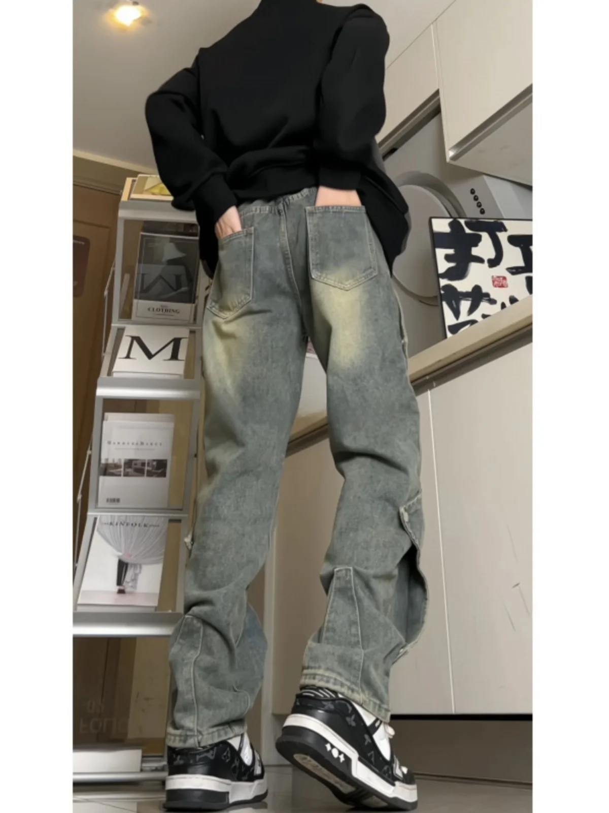 

Мужские джинсы в американском ретро-стиле, осенне-зимние, прямого кроя, свободные, с асимметричным микро-клешем, повседневные, в стиле CleanFit