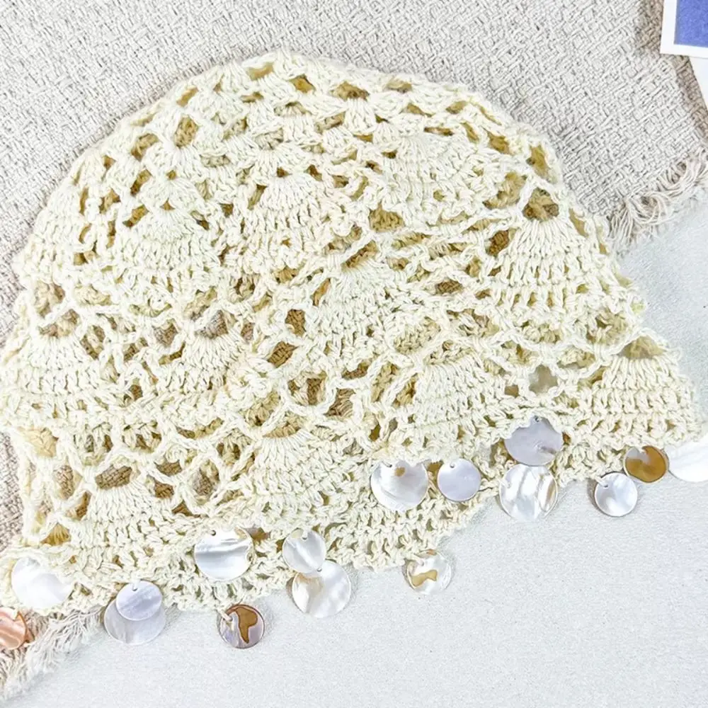 Fashion Elegant Hollowed Out Knitted Hat Thin Solid Color Shell Tassels Hat Ethnic Style Korean Crochet Weave Cap Girls
