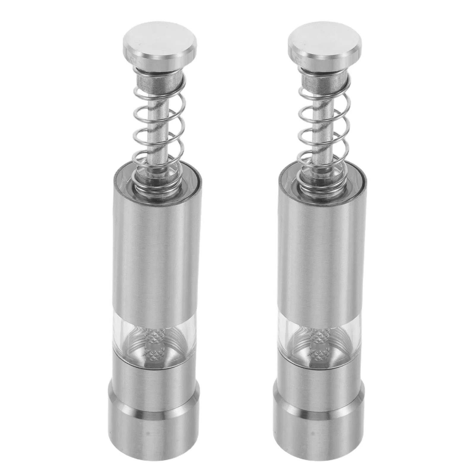 2Pcs Manual Grinder for Kitchen Spices Stainless Steel Handheld Pepper Mill Refillable Spring-Load Push Button Salt and Spice