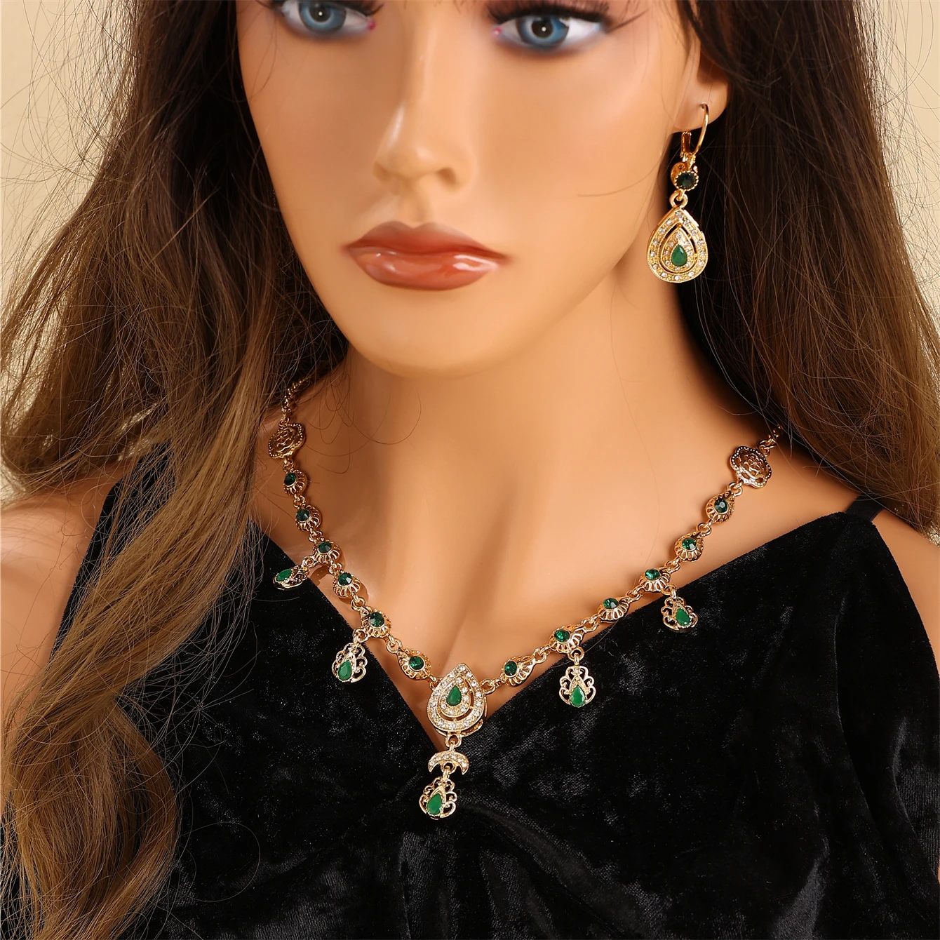 Middle Eastern Style Rhinestone Necklace Drop Earrings 2-Piece Bridal Jewelry Set