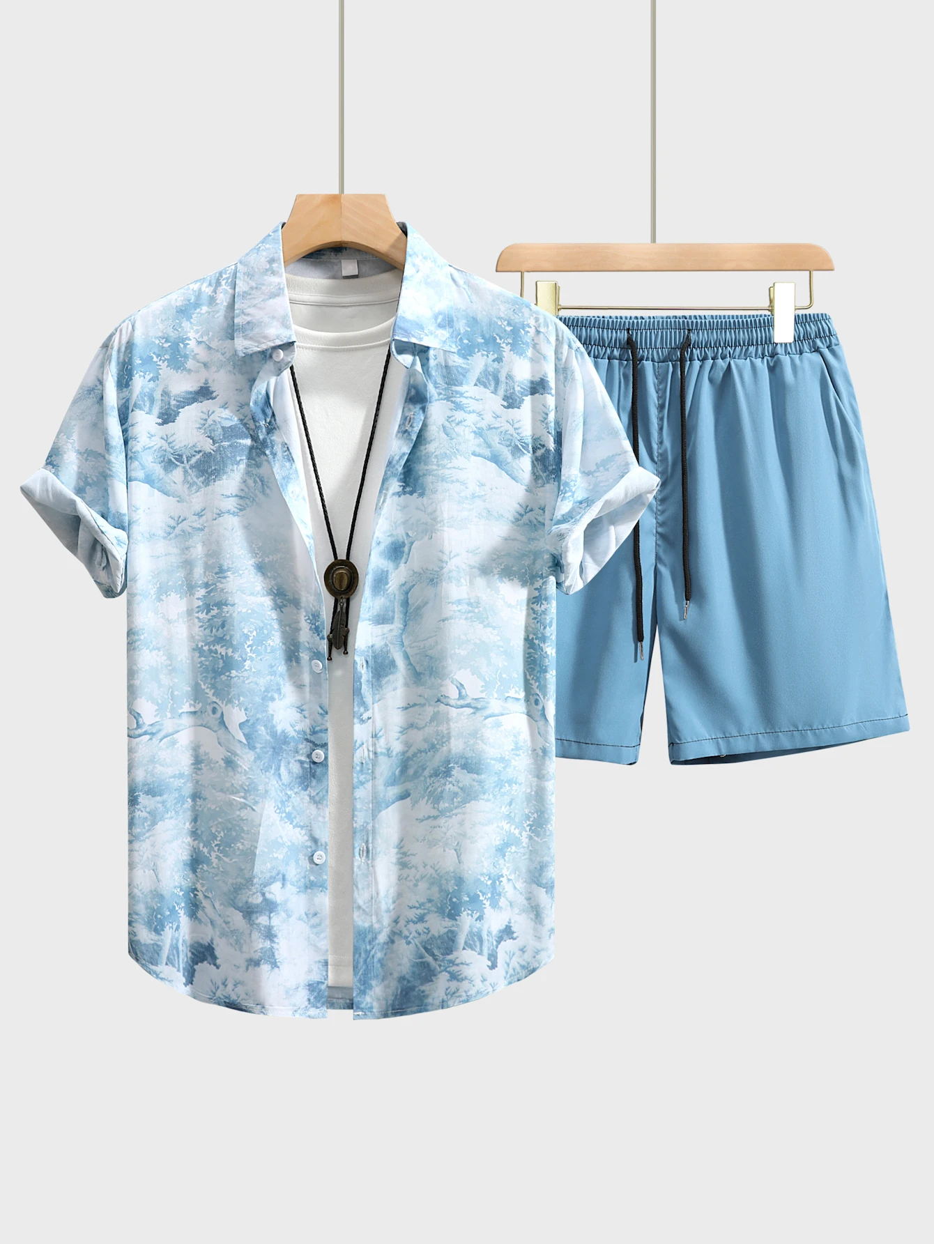 Conjunto de dos piezas para hombre, camisa de manga corta con botones, pantalones cortos estampados, ropa informal de playa, Verano