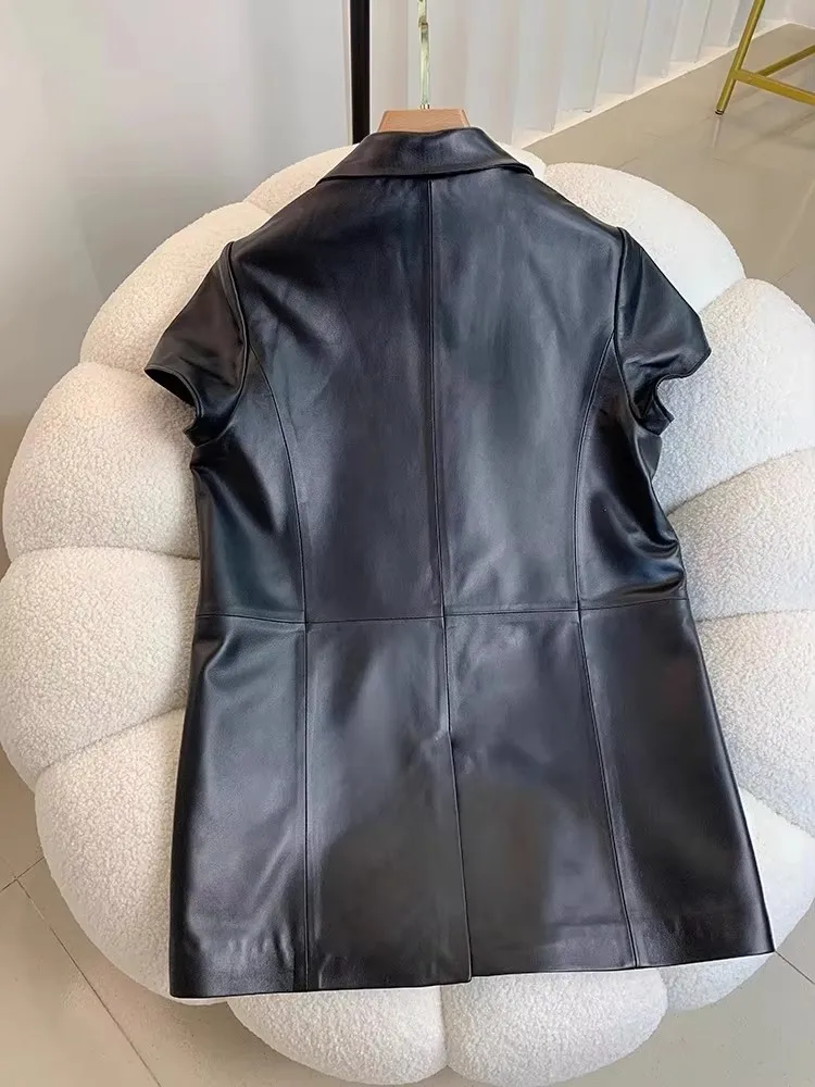 جديد إمرأة جلد الغنم سترة جلدية حقيقية سترة مزدوجة الصدر سليم صالح عالية الخصر متوسطة طويلة مكتب سيدة الموضة صدرية #2