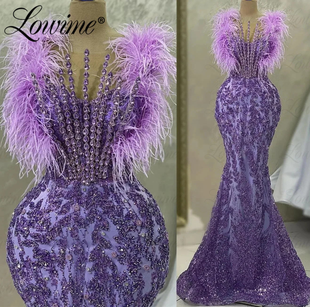 Vestido de noche púrpura con plumas de cristales, traje de sirena para fiesta, boda, graduación, celebridad, túnicas árabes de Dubái, novedad de 2023