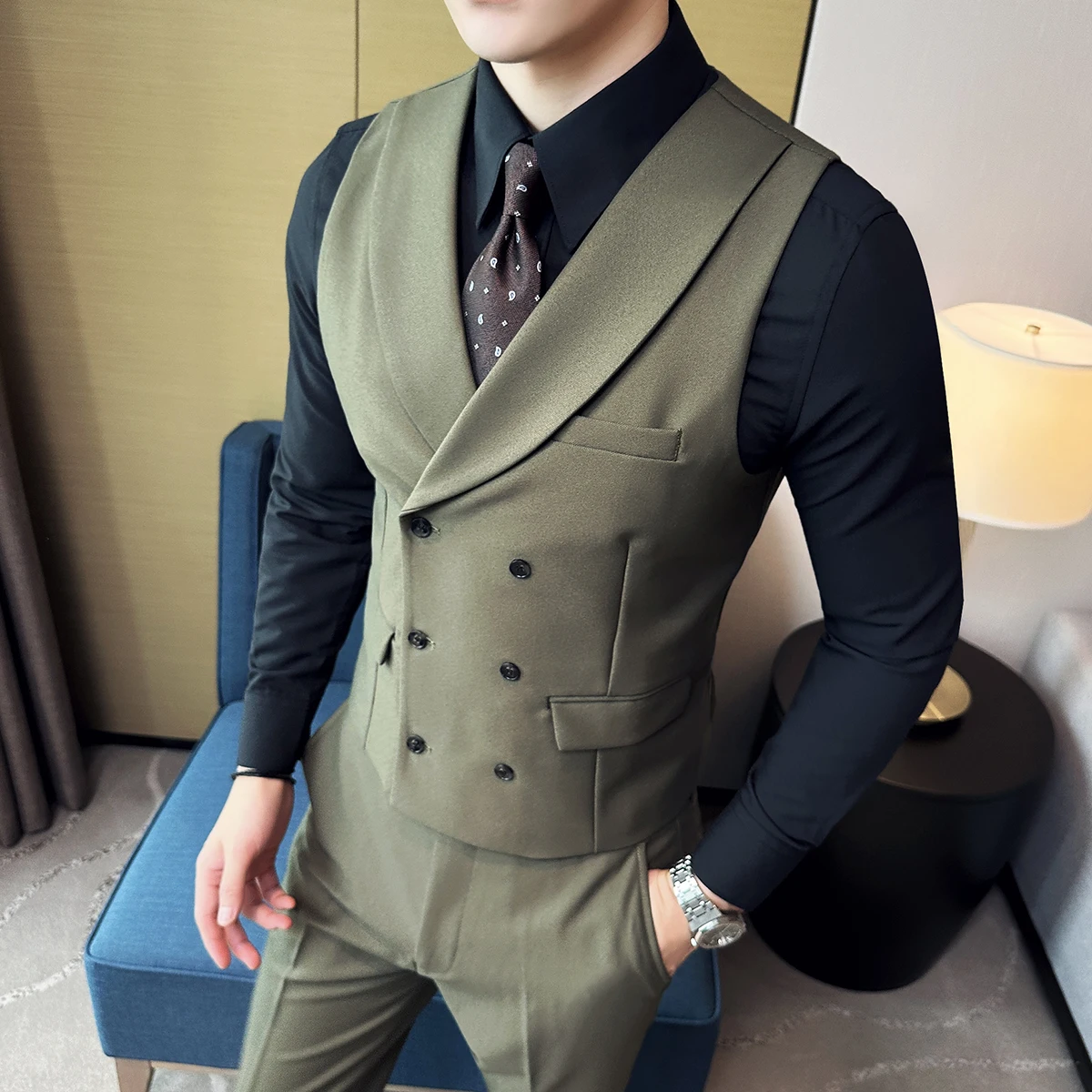 ( Vest + Pants) Men Luxury Double Breasted Design 2 pieces Formal Groom Wedding Dress Vest Set Fashion Mens Club Singer Clothing