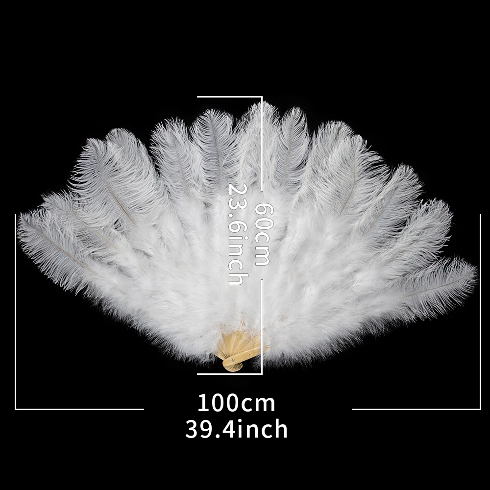 13Bone Natural White Ostrich Feather Fan for Dance Show Halloween Party Wedding Stage Props Handheld Fluffy Ostrich Plumes Fan