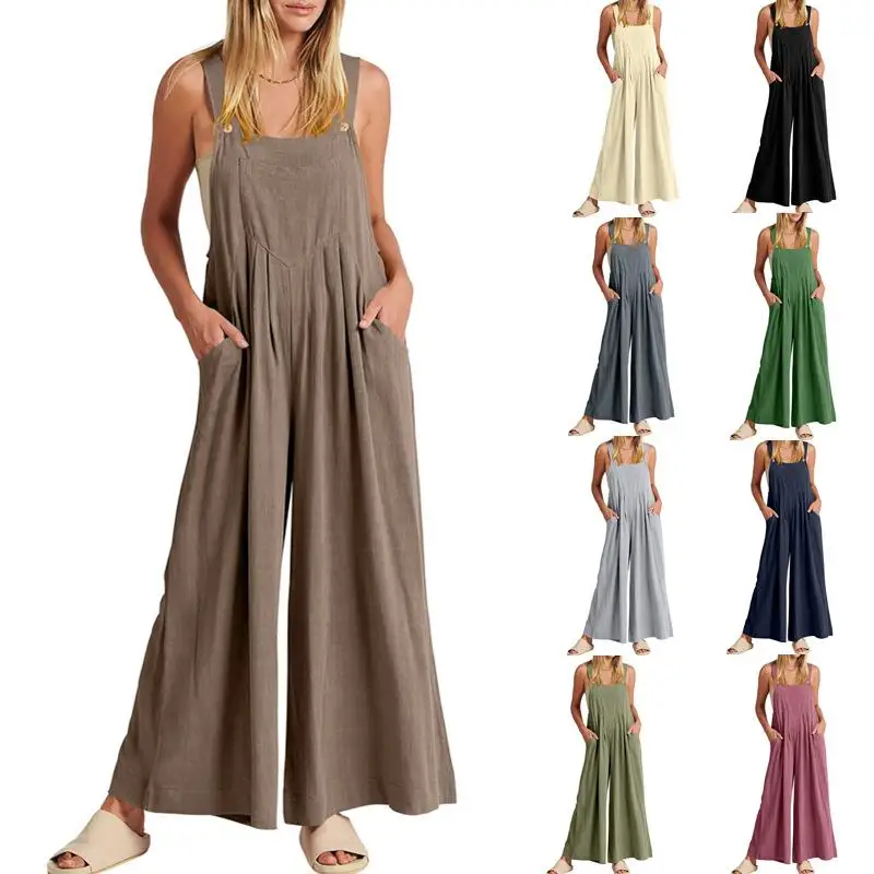 SUOCHAO Sleeveless Strap Jumpsuit Women's Solid Color Loose Casual Wide Leg All-match Comfortable Cotton and Linen Jumpsuit