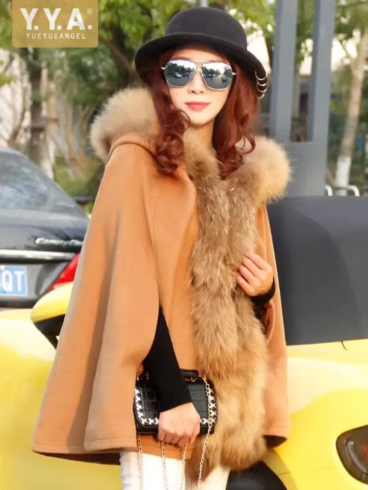 Autumn Women Raccoon Fur Trim Hooded Woolen Blends Cape Coat Vintage Ladies Loose Fit Cloak Jacket Casual Streetwear Outwear Top