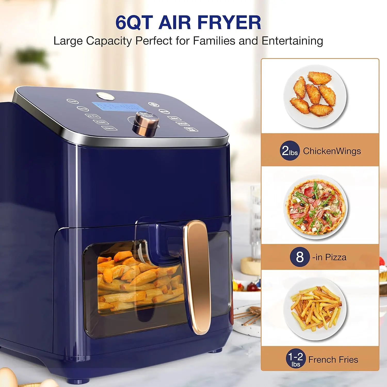 หม้อทอด Air fryer ดิจิตอลพร้อมหน้าต่างดูการตั้งค่าการทำอาหาร6แบบการแจ้งเตือนการเขย่าปิดอัตโนมัติและตะกร้าทอดไม่ติดที่ถอดออกได้ &