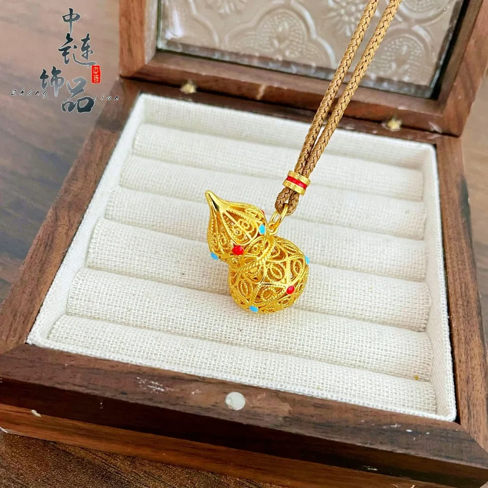 Enamel hollow gourd pendant 9999gold