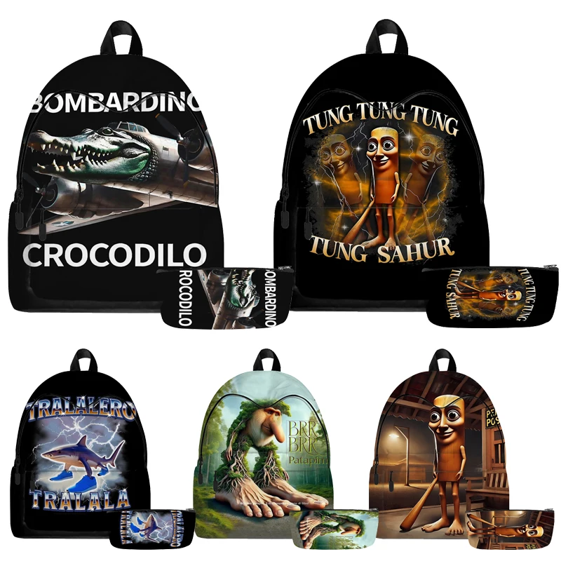 Tung Tung Tung Sahur 배낭 Tralalero Tralala 어린이 중학교 가방 남자 배낭 2pcs 십대 Mochila 소년 키즈 선물