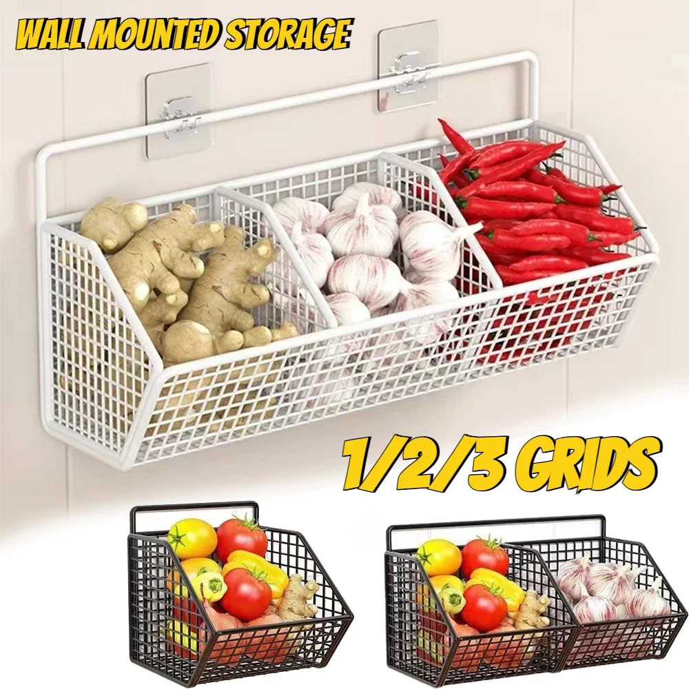 

1/2/3Grids Wall Mounted Storage Basket Kitchen Vegetables Fruits Holder No-hole Punching Home Kitchen Organizer Cesta De Cocina