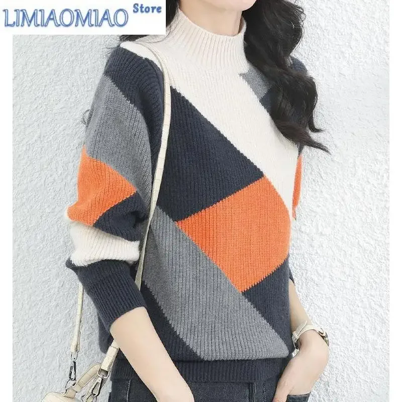 Autumn/Winter Fashion Korean Edition Spliced Contrast Half High Neck Loose Versatile Western Knitted Long Sleeve Sweater