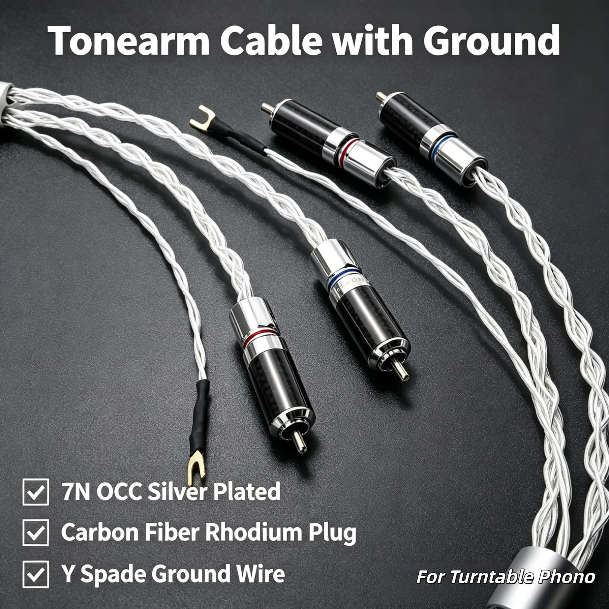 7N OCC Silver Plated Tonearm Cable with Ground Wire RCA Phono Cable Carbon Fiber Y Spade for Turntable Record Player