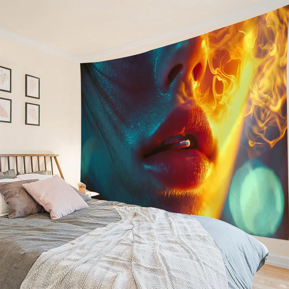 Psychedelic Starry Night Girl Tapestry Purple-Pink Gradient Starry Sky Smoking Girl Living Room Sofa Music Space Decor