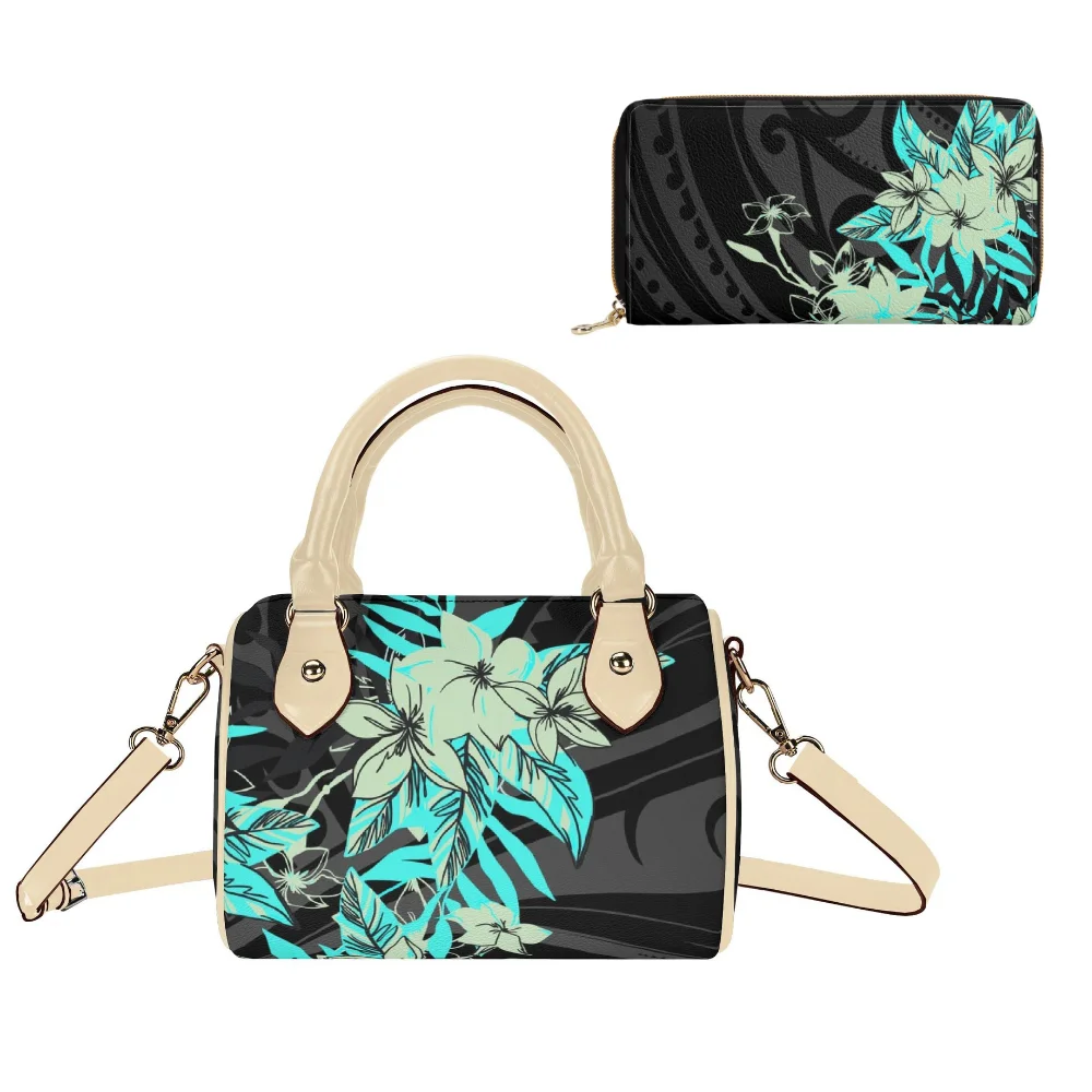 

Hibiscus Polynesian Women'S Leather Bag 2-Piece Set Pillow Bag And Purse Custom Samoan Pattern Floral Print Crossbody Bag