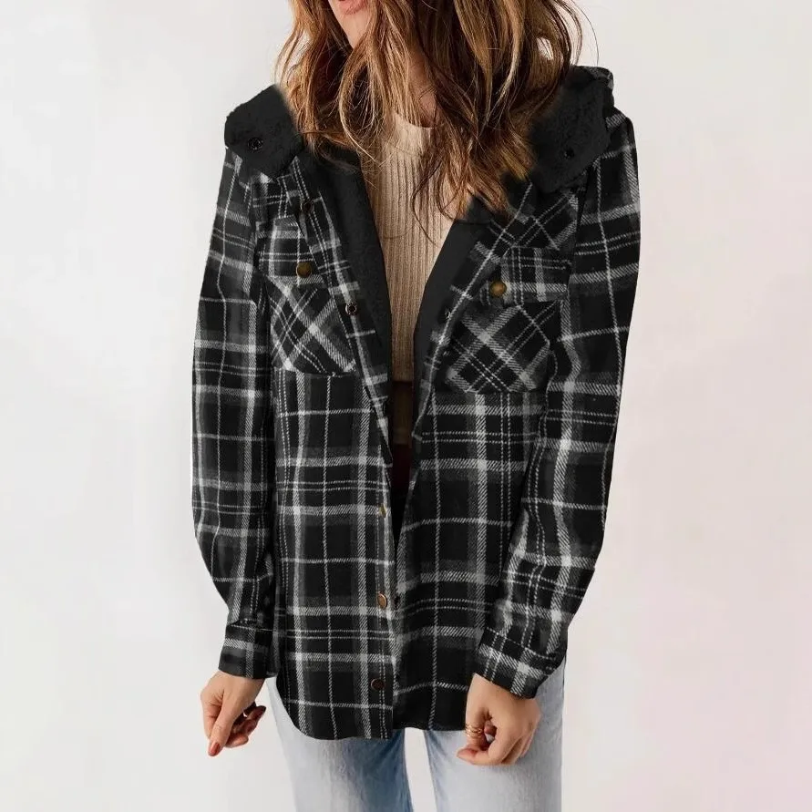 Women's Medium Weight Urban Style Jacket Loose Fit Plaid Geometric Pattern Mock Two Piece Mid-Length Long Sleeve with Pocket