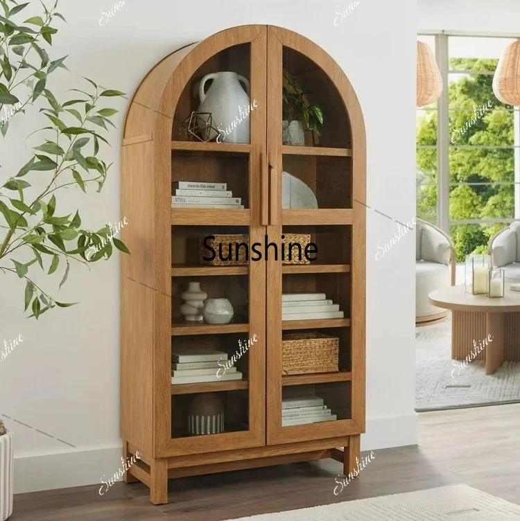 French retro solid wood bookcase villa log color display cabinet