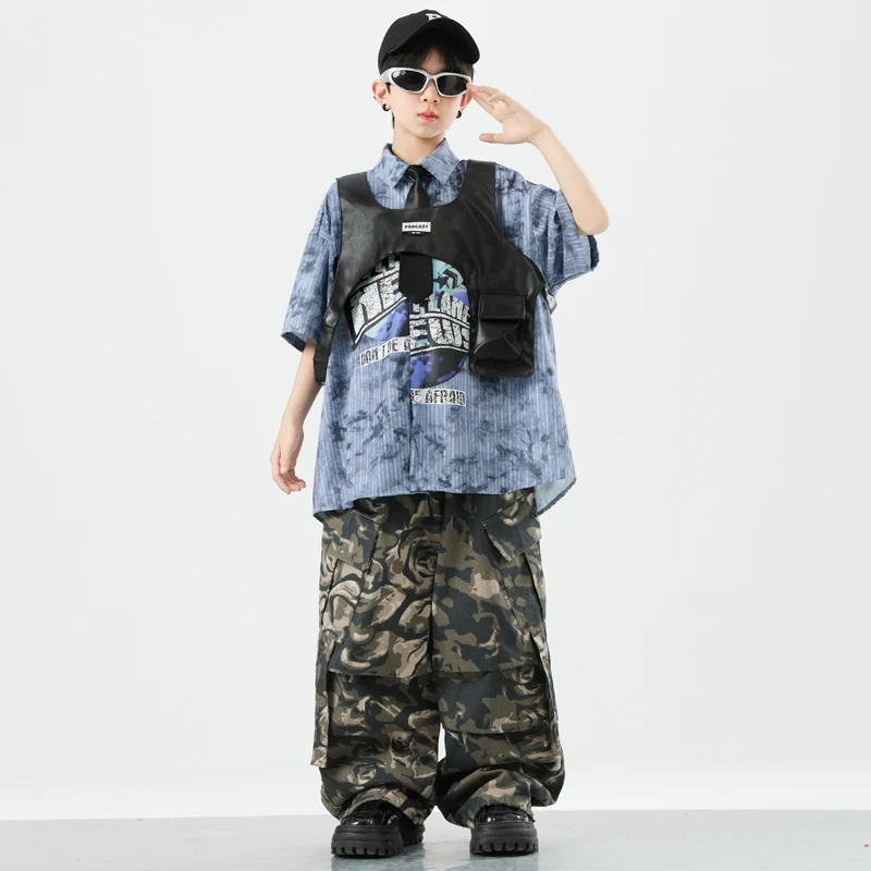 2025 Nowe kostiumy do tańca jazzowego dla dziewczynek Luźne koszule Czarna skórzana kamizelka Spodnie kamuflażowe Garnitur Chłopcy Hip Hop Dance Clothes DQS19512