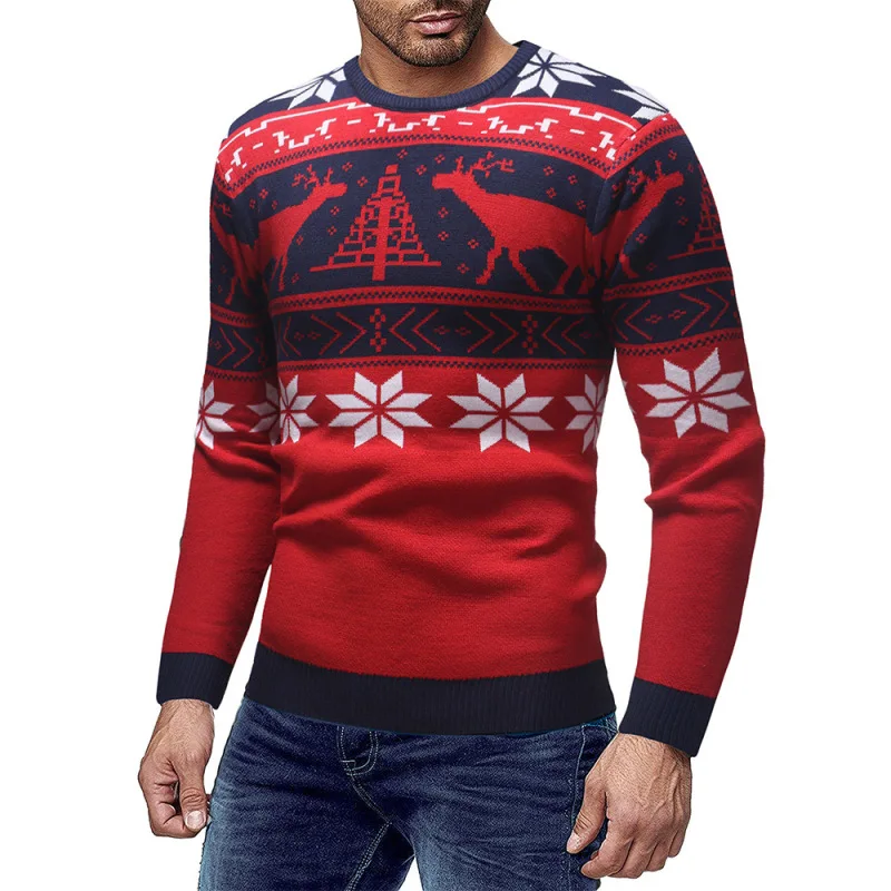 

European and American Autumn and Winter Men's Thickened Sweater Oversized Pullover Warm Print