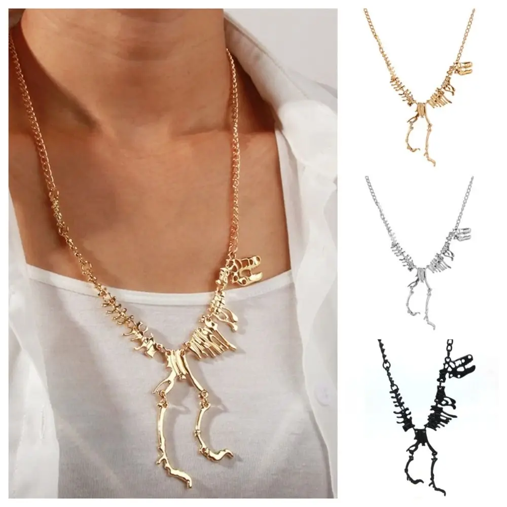 Hip Hop Exaggerated Tyrannosaurus Chain Choker Goth Punk Dinosaur Skeleton Necklace Silver Bone Dragon Necklace Night Club