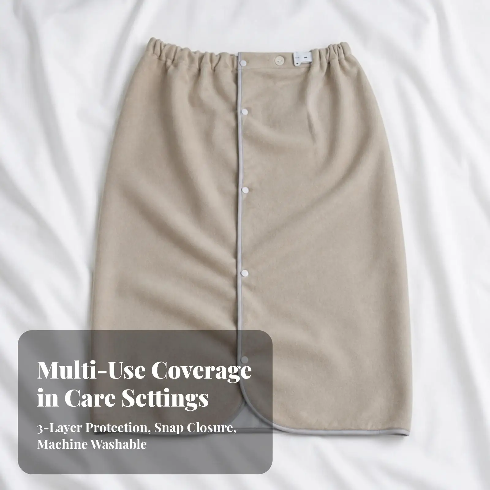 Waterproof Incontinence Skirt for Adults Reusable Front Opening Fastener Closure Elasticized Waist Absorbent Layer for Bed Care