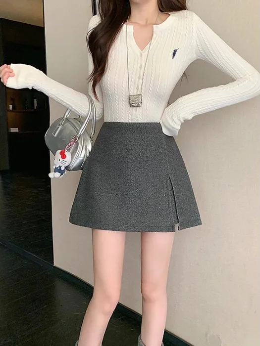 

plus Size Women's Pure Desire Woolen Split A-Line Skirt High Waist Slimming Autumn Winter New Sle Korean Version Commute