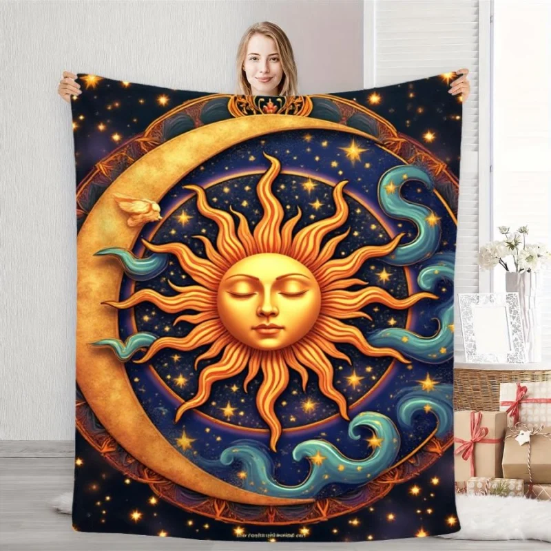 Mystical Sun Moon Yin Yang Flannel Throw Blanket,Galaxy Star Cloud Print,Soft Lightweight Decorative Blanket for Sofa Bed