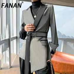 FANAN Temperament Blazers For Women Belt Gathered Waist Irregular Design Fit Jackets Fashion Female Coats 2025 Spring New