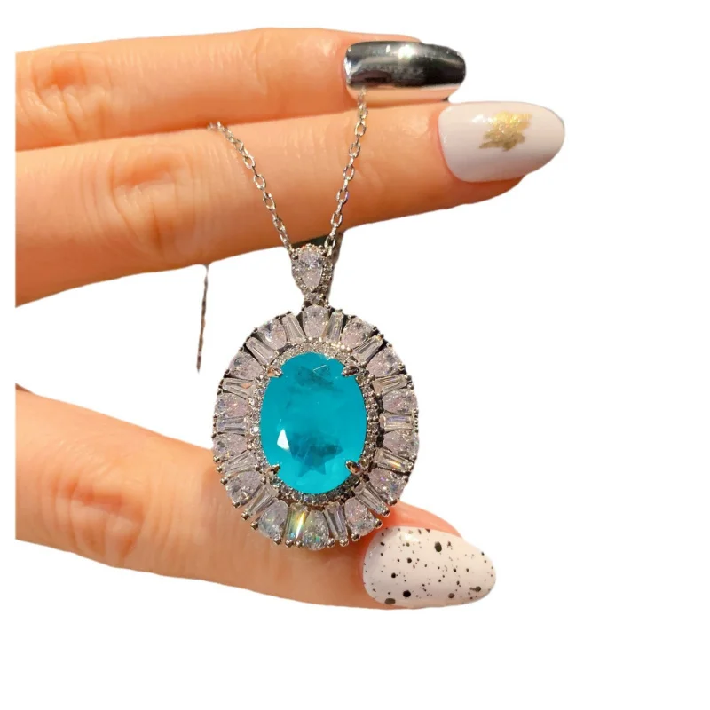 Emerald Gemstone Necklace European and American Paraiba Pendant