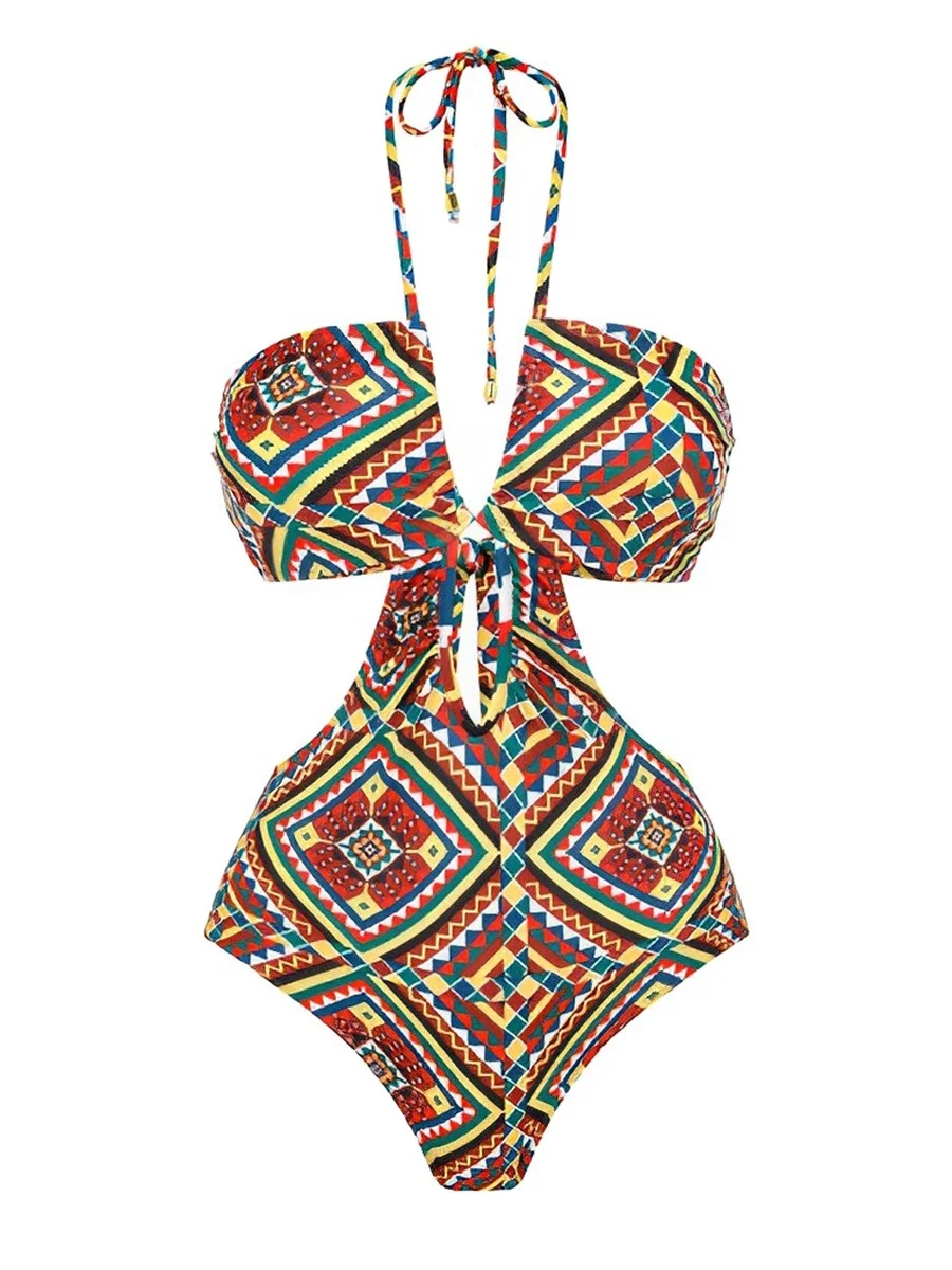 

2025 Halter String Hollow Out Print Swimsuit Womeon One Piece Swimwear Female Beachwear Bathers Bathing Swimming Swim Suit