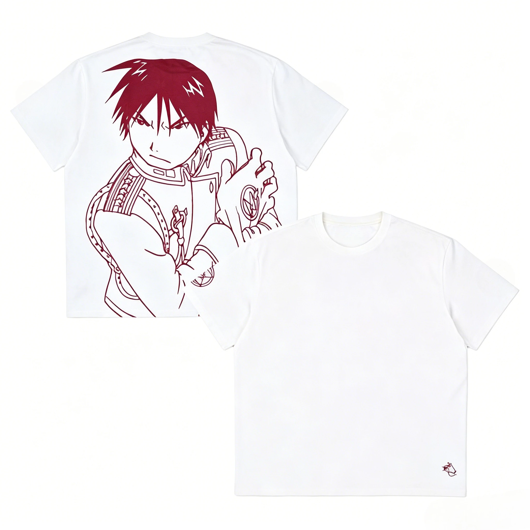 Anime Fullmetal Alchemist Roy Mustang Back Large Print T-shirt Red Line Sketch Design Sleeve Symbol Print Men Casual Cotton