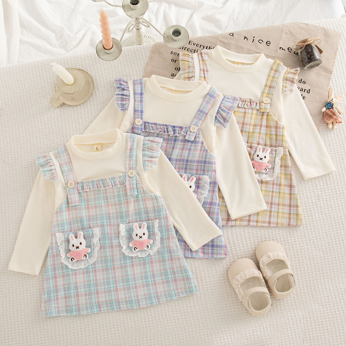 

(9 Months -3 Years Old) Spring And Autumn New Checkered Pocket Baby Girl Dress, Cartoon Rabbit Children'S Long Sleeve Clothes