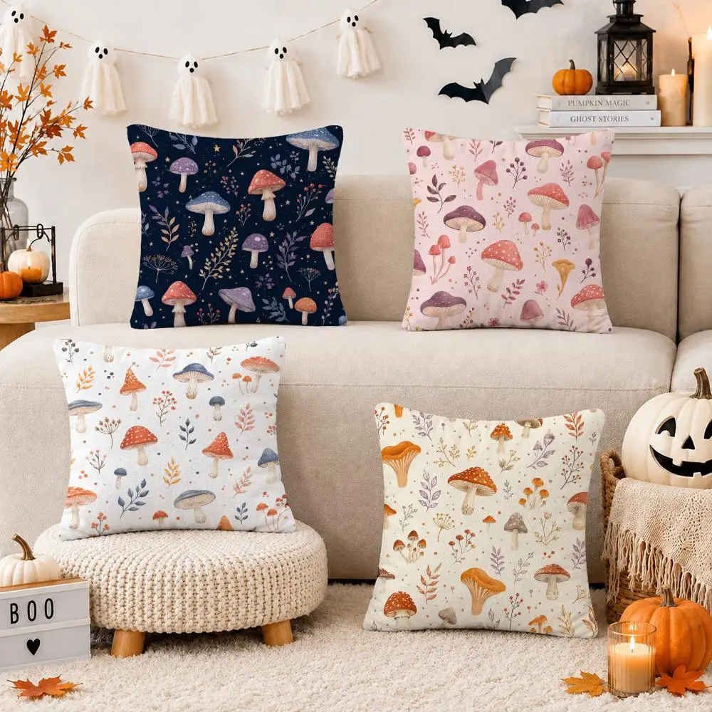Autumn Woodland Fungi Cushion Cover Short Plush Double Sided Printed Soft Pillow Case Home Sofa Decor Festival Gifts