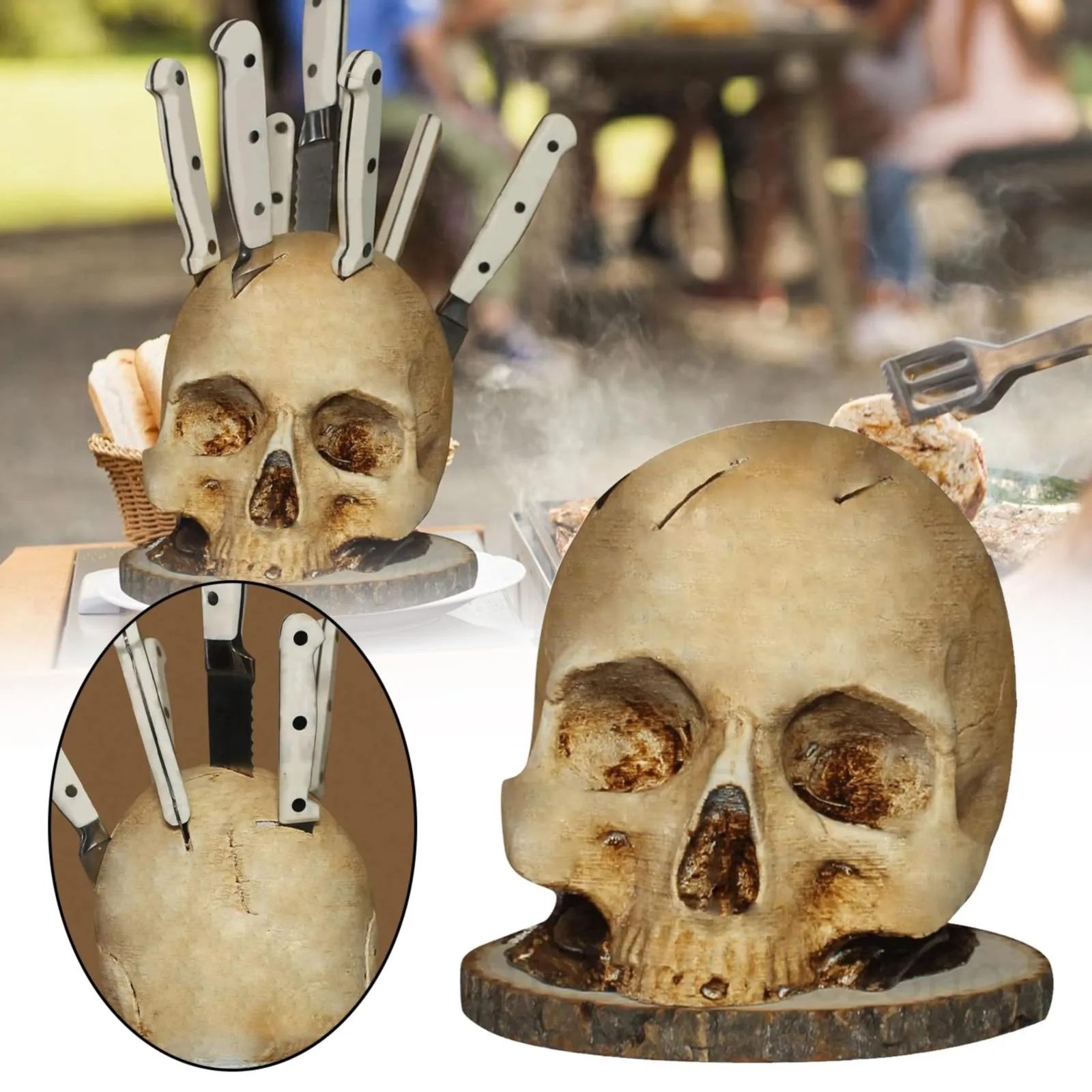 

1pc Knife holder Halloween Skull Head Knife and fork seat Resin Ornaments Terrifying atmosphere Kitchen utensils Party Dressing