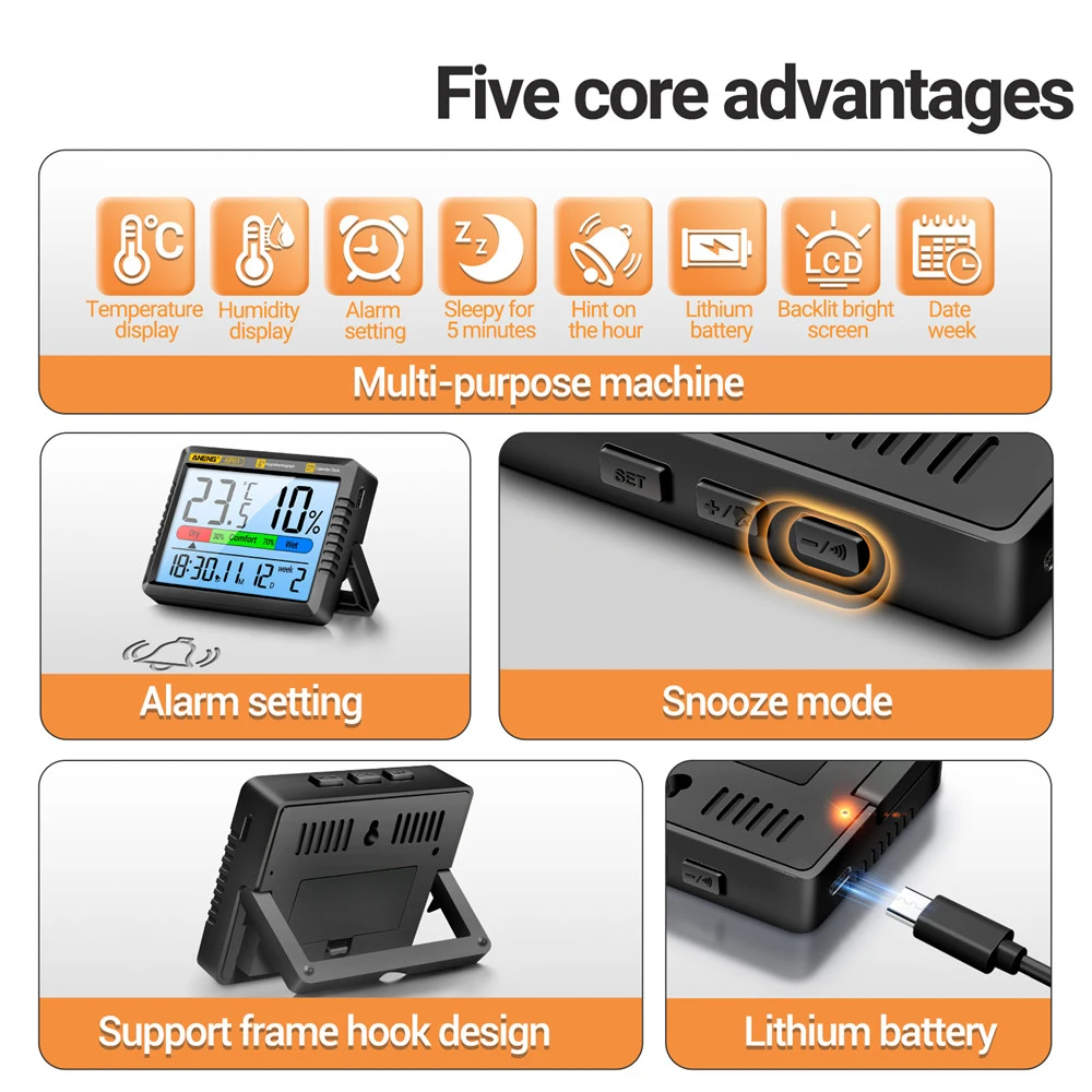 High-Precision AP01 Digital Air Thermometer Hygrometer  Electronic Clock Multiscene High Definition Screen Thermohygrometer