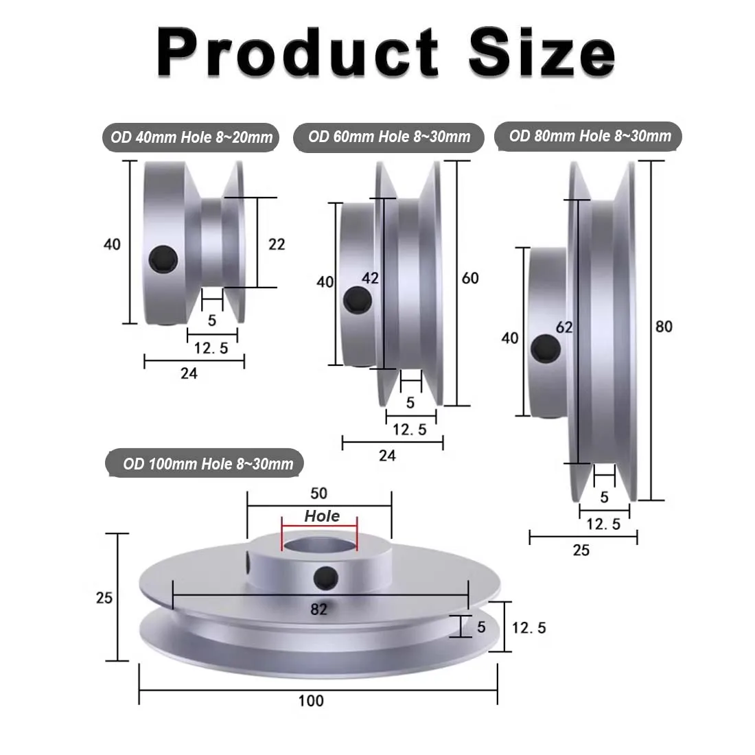 Motor Belt Drive Wheel 40mm 60mm 80mm 100mm V-belt Pulley, Single Groove, A- type V-belt Pulley ID:8mm~30mm 2